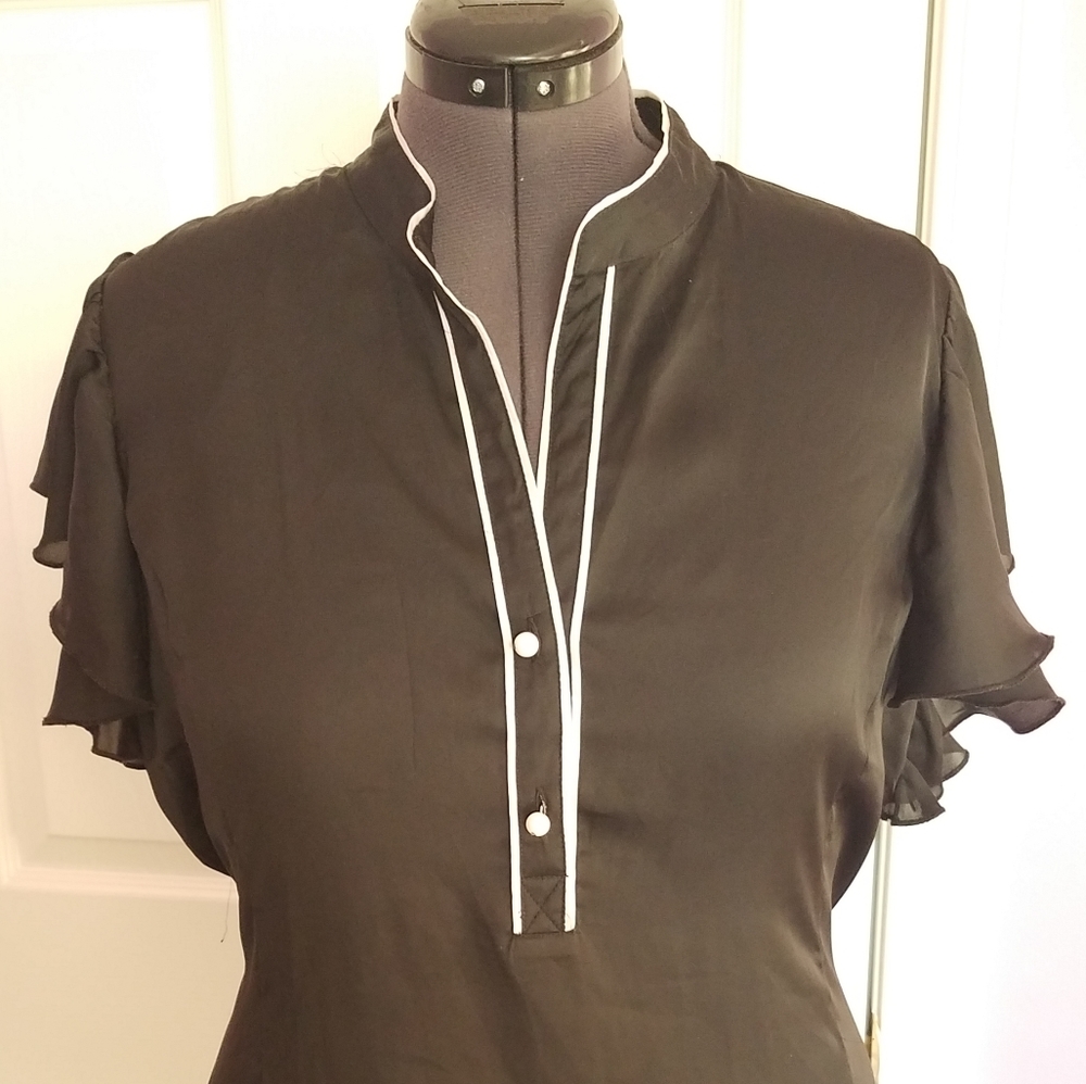 Black Satin Flutter Sleeve Blouse
